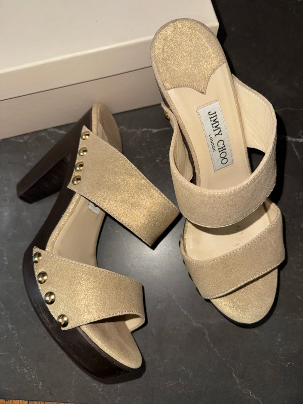 Jimmy Choo Beige Gold Metallic Block Heel Sandals - Picture 2 of 6
